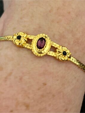 Avon Gold-Tone Herringbone Bracelet with Purple Center and Black Accents